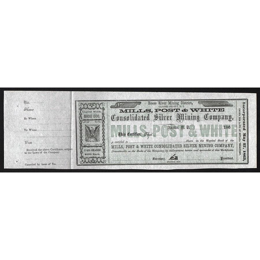 Mills, Post & White Consolidated Silver Mining Company Stock Certificate