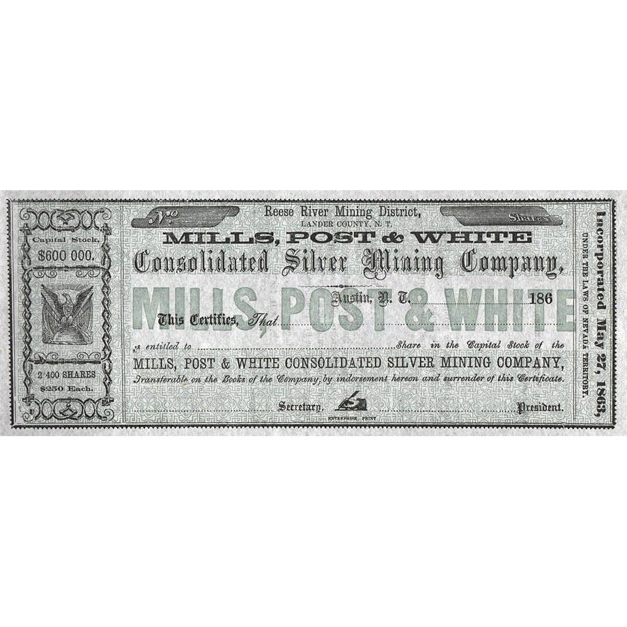Mills, Post & White Consolidated Silver Mining Company Stock Certificate