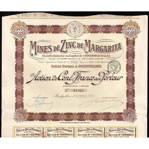 Mines de Zinc de Margarita Societe Anonyme Stock Certificate