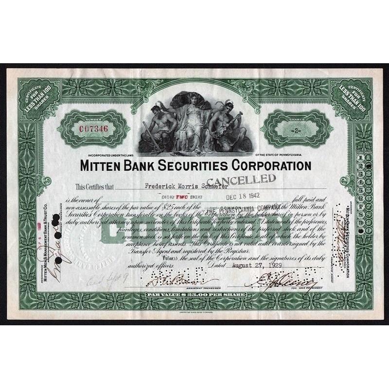 Mitten Bank Securities Corporation Stock Certificate