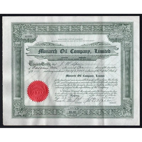 Monarch Oil Company, Limited Stock Certificate