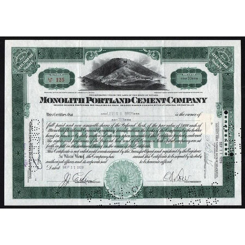 Monolith Portland Cement Company Stock Certificate