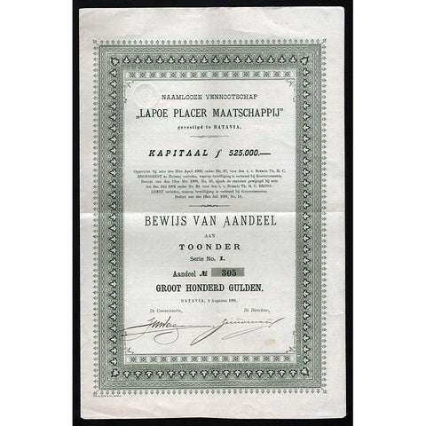 Naamlooze Vennootschap "Lapoe Placer Maatschappij" Stock Certificate