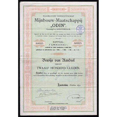 Naamlooze Vennootschap Mijnbouw-Maatschappij “Odin” Stock Certificate