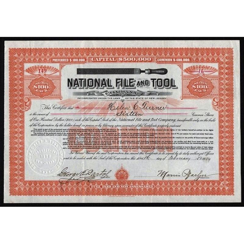 National File and Tool Company Stock Certificate