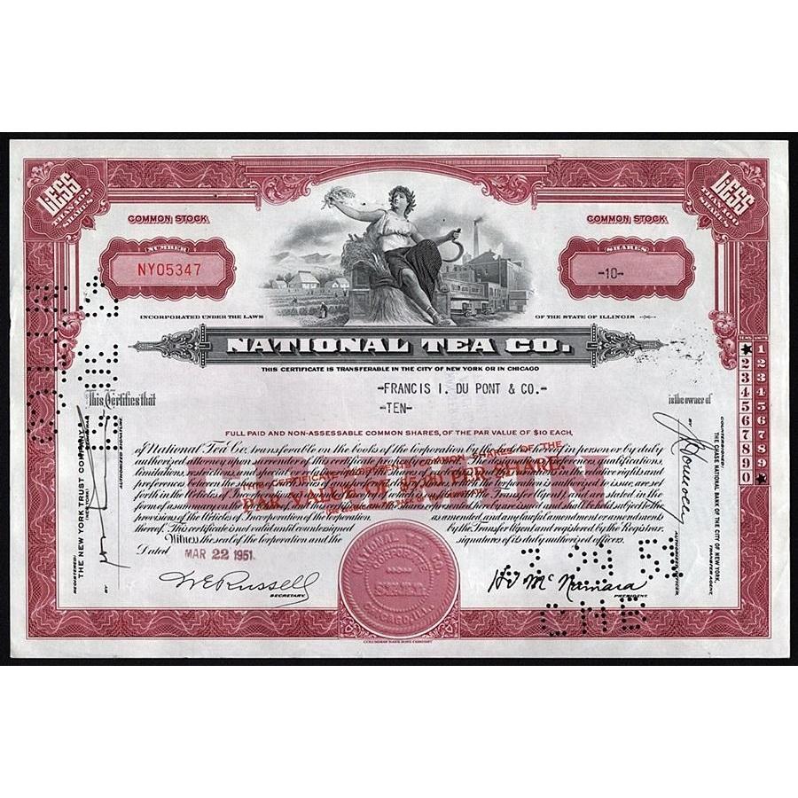 National Tea Co. Stock Certificate