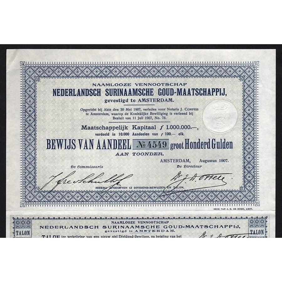 Nederlandsch Surinaamsche Goud-Maatschappij Stock Certificate