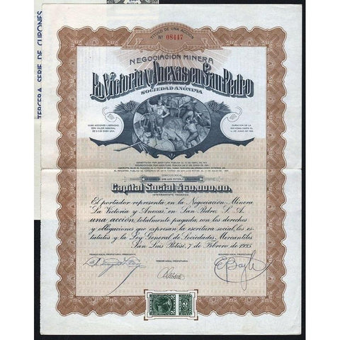 Negociacion Minera La Victoria y Anexas en San Pedro Sociedad Anonima (San Luis Potosi) Stock Certificate