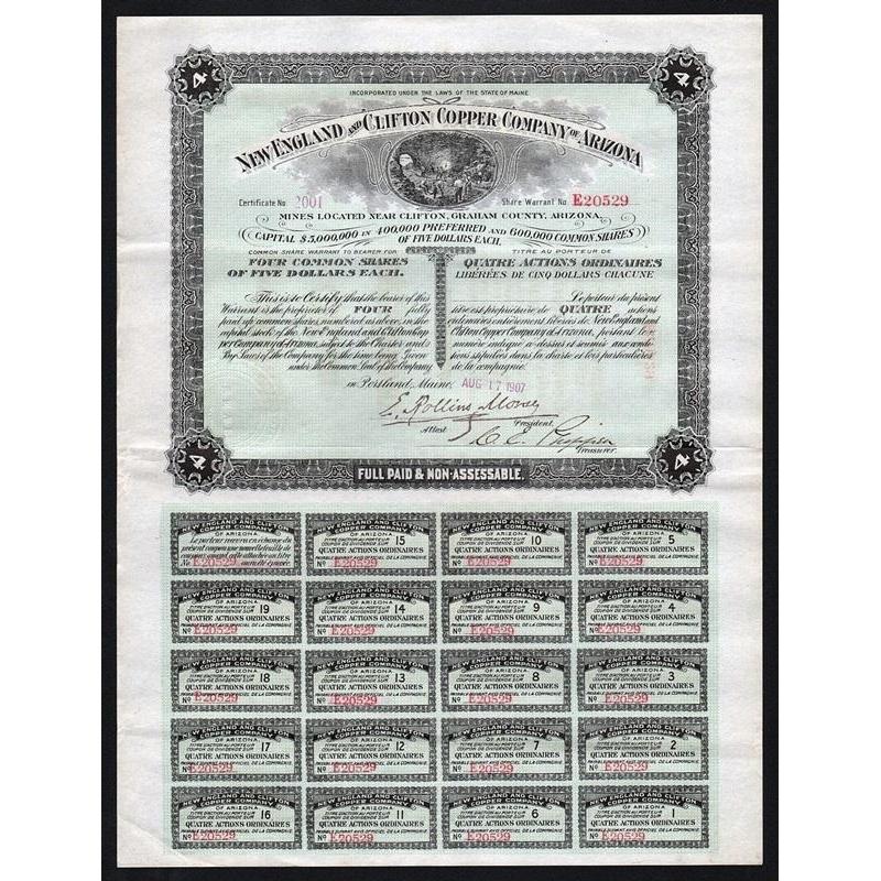 New England and Clifton Copper Company of Arizona Stock Certificate