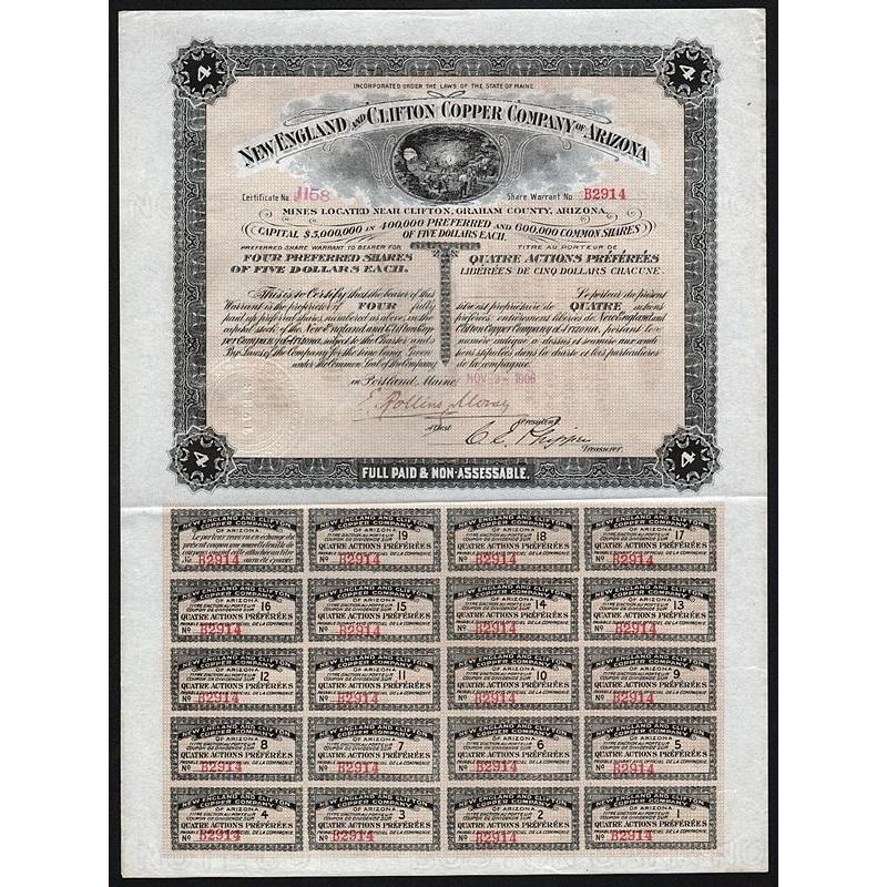 New England and Clifton Copper Company of Arizona Stock Certificate