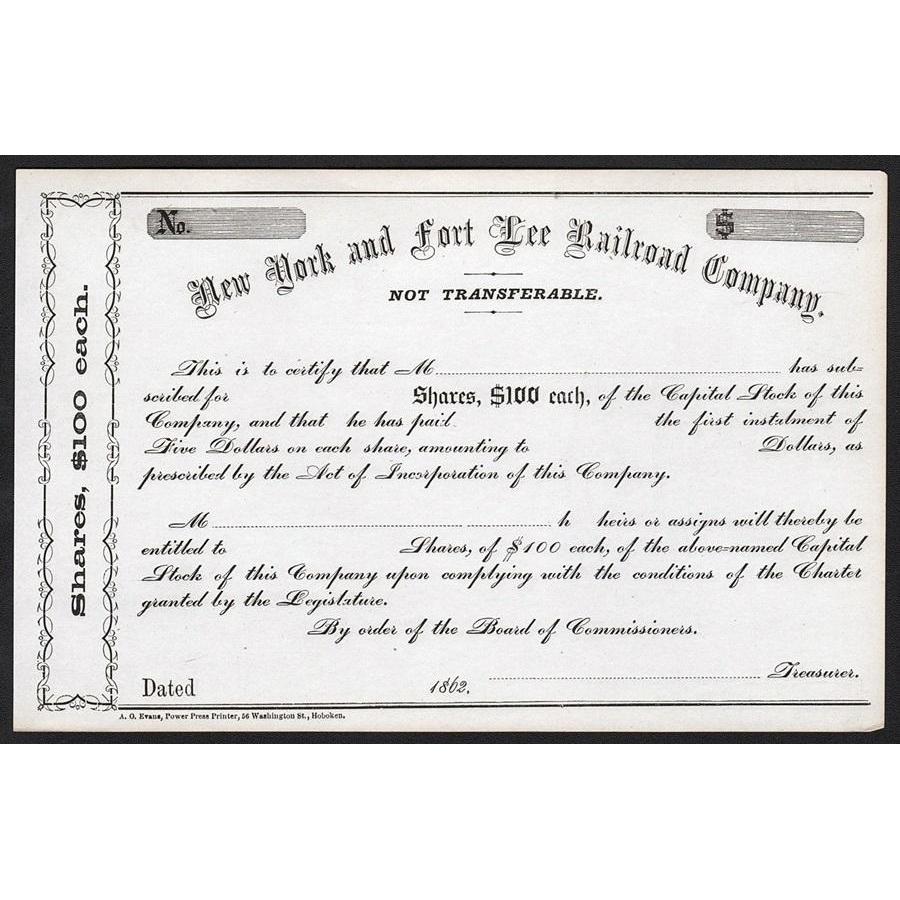 New York and Fort Lee Railroad Company Stock Certificate