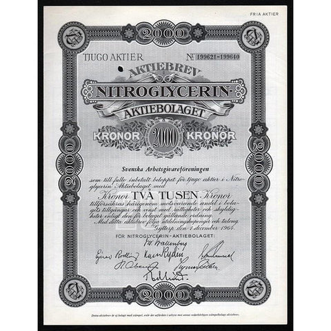 Nitroglycerin Aktiebolaget Stock Certificate