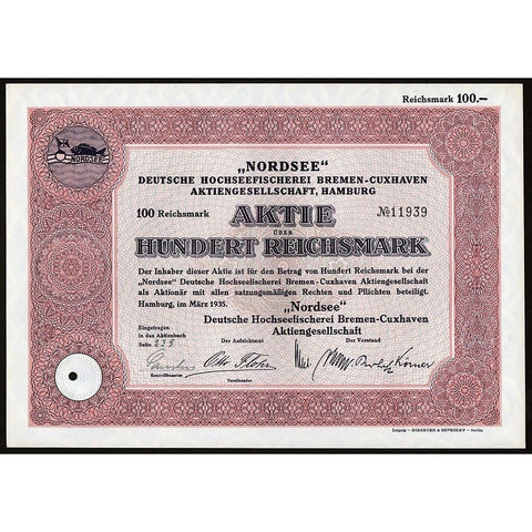 "Nordsee", Deutsche Hochseefischerei Bremen-Cuxhaven Aktiengesellschaft, Hamburg Stock Certificate