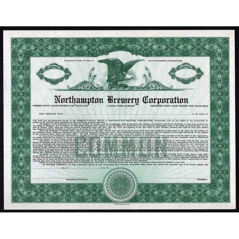 Northampton Brewery Corporation Pennsylvania Stock Certificate