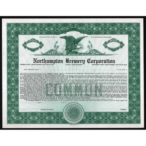 Northampton Brewery Corporation Pennsylvania Stock Certificate