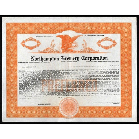 Northampton Brewery Corporation Pennsylvania Stock Certificate