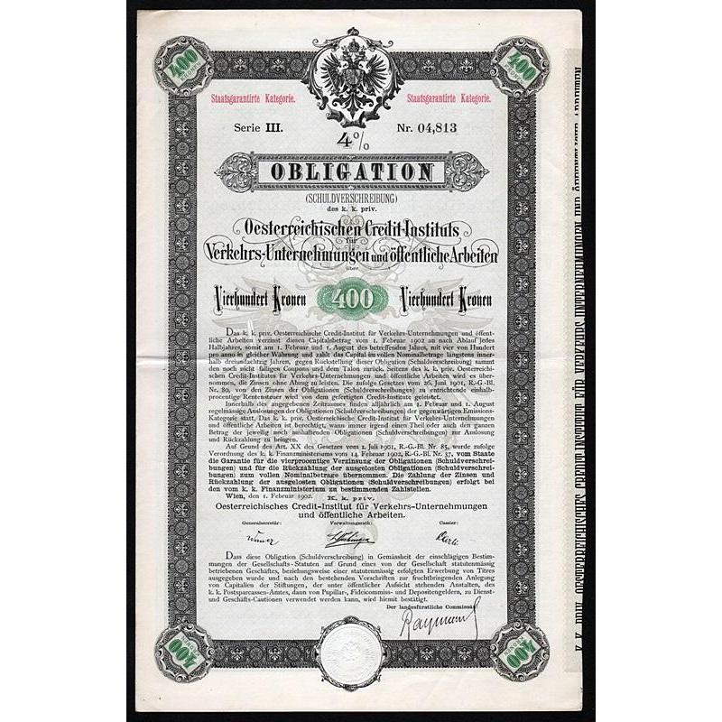 Oesterreichisches Credit-Institut für Verkehrs-Unternehmungen und öffentliche Arbeiten Stock Certificate
