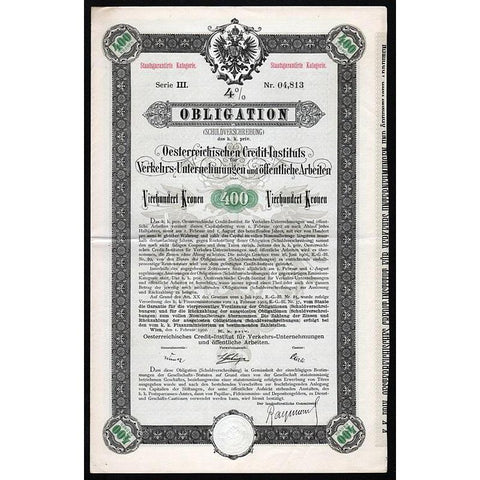 Oesterreichisches Credit-Institut für Verkehrs-Unternehmungen und öffentliche Arbeiten Stock Certificate