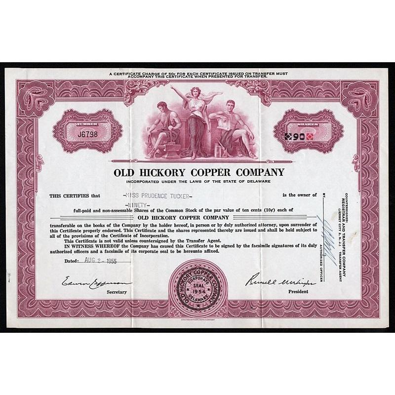 Old Hickory Copper Company Stock Certificate