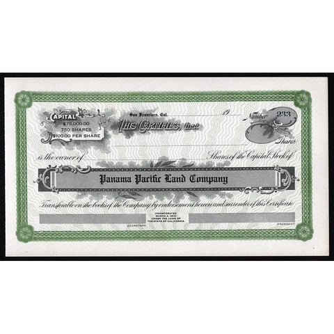Panama Pacific Land Company Stock Certificate