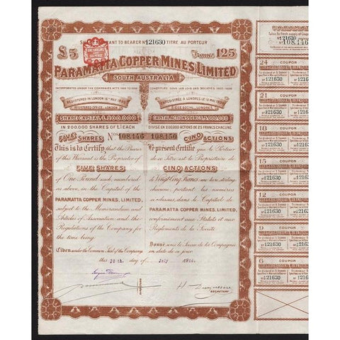 Paramatta Copper Mines Limited, South Australia Stock Certificate