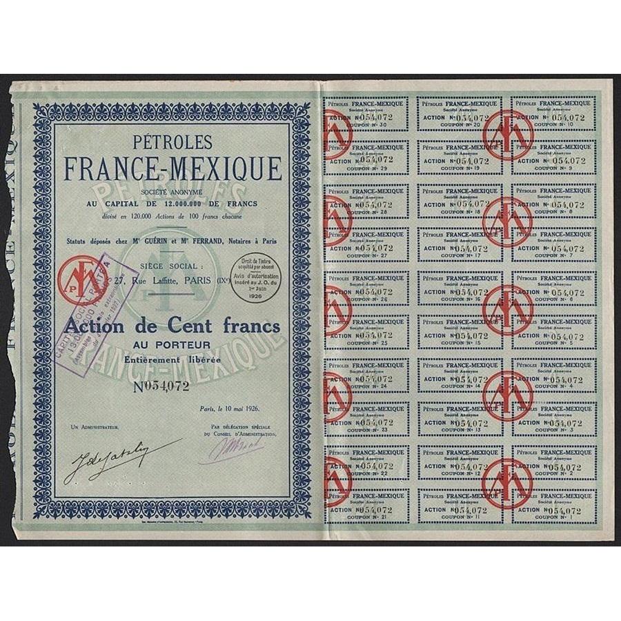 Petroles France-Mexique Societe Anonyme Stock Certificate