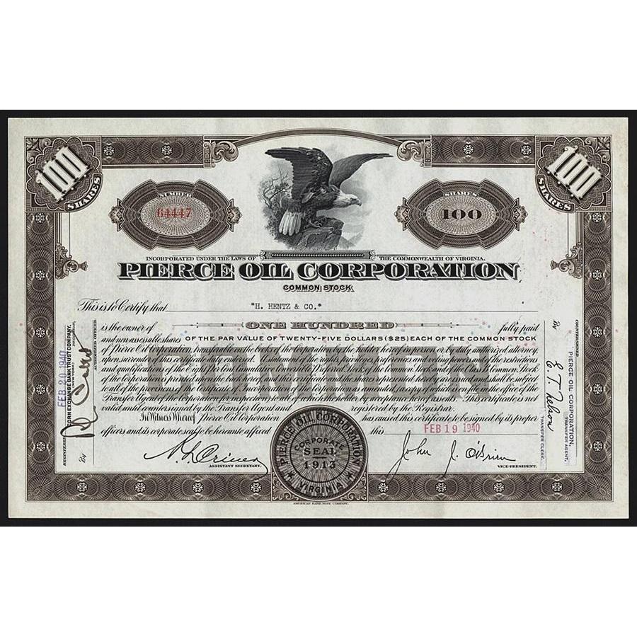Pierce Oil Corporation Stock Certificate