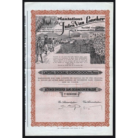Plantations Jules Van Lancker Societe Congolaise Stock Certificate