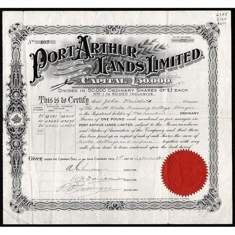 Port Arthur Lands Limited Stock Certificate