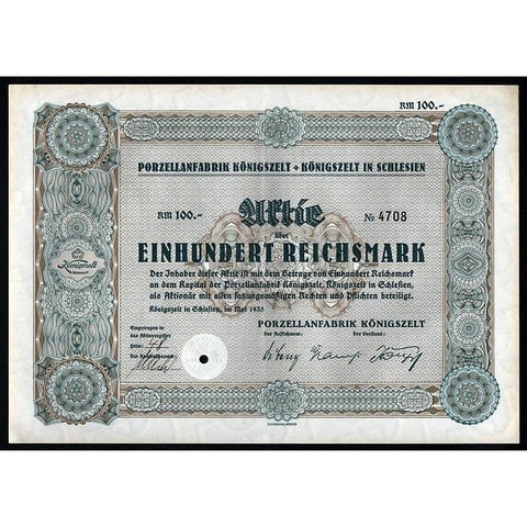 Porzellanfabrik Königszelt - Königszelt in Schlesien Stock Certificate