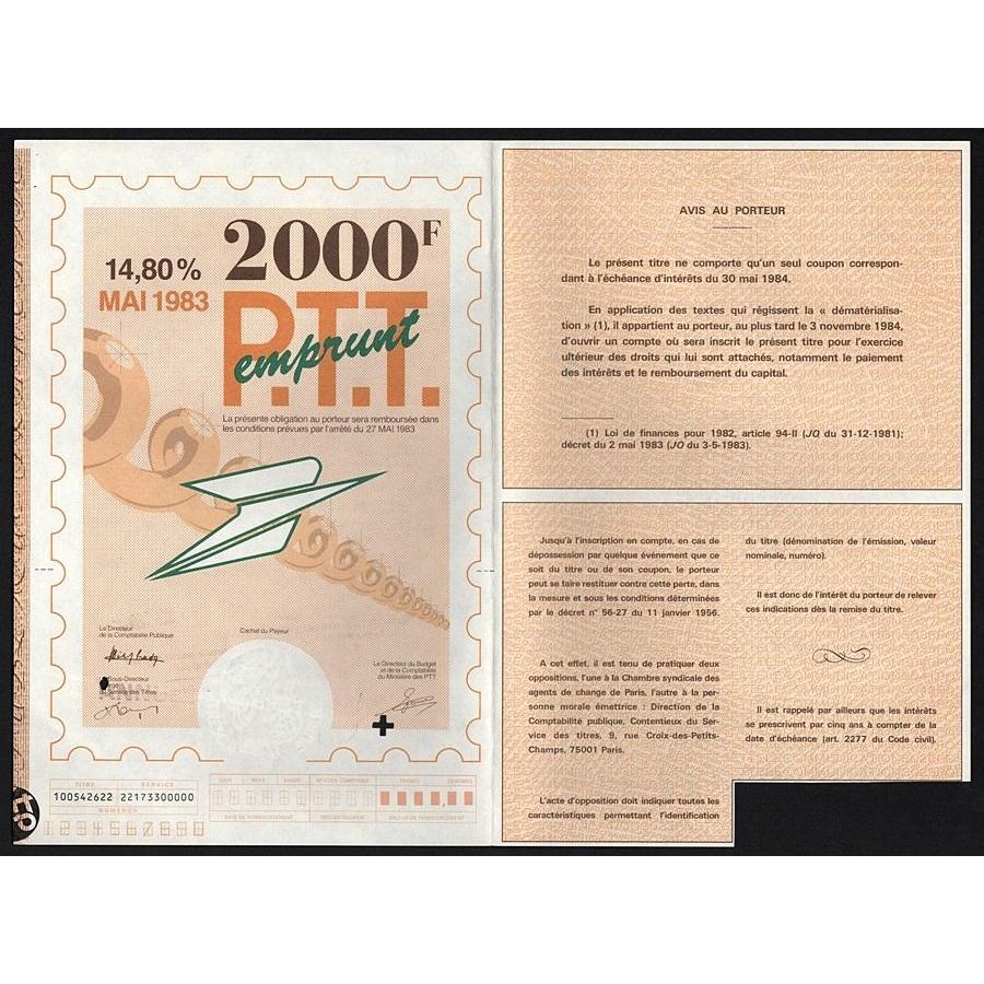 P.T.T. emprunt 2000F Stock Certificate