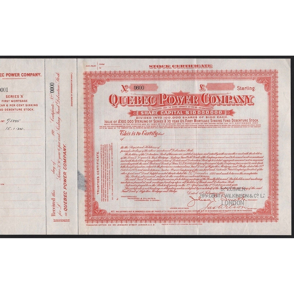 Quebec Power Comapny (Specimen) Stock Certificate