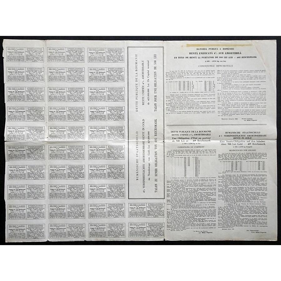 Renta Romana 500 Lei Aur Romania Gold Bond Certificate