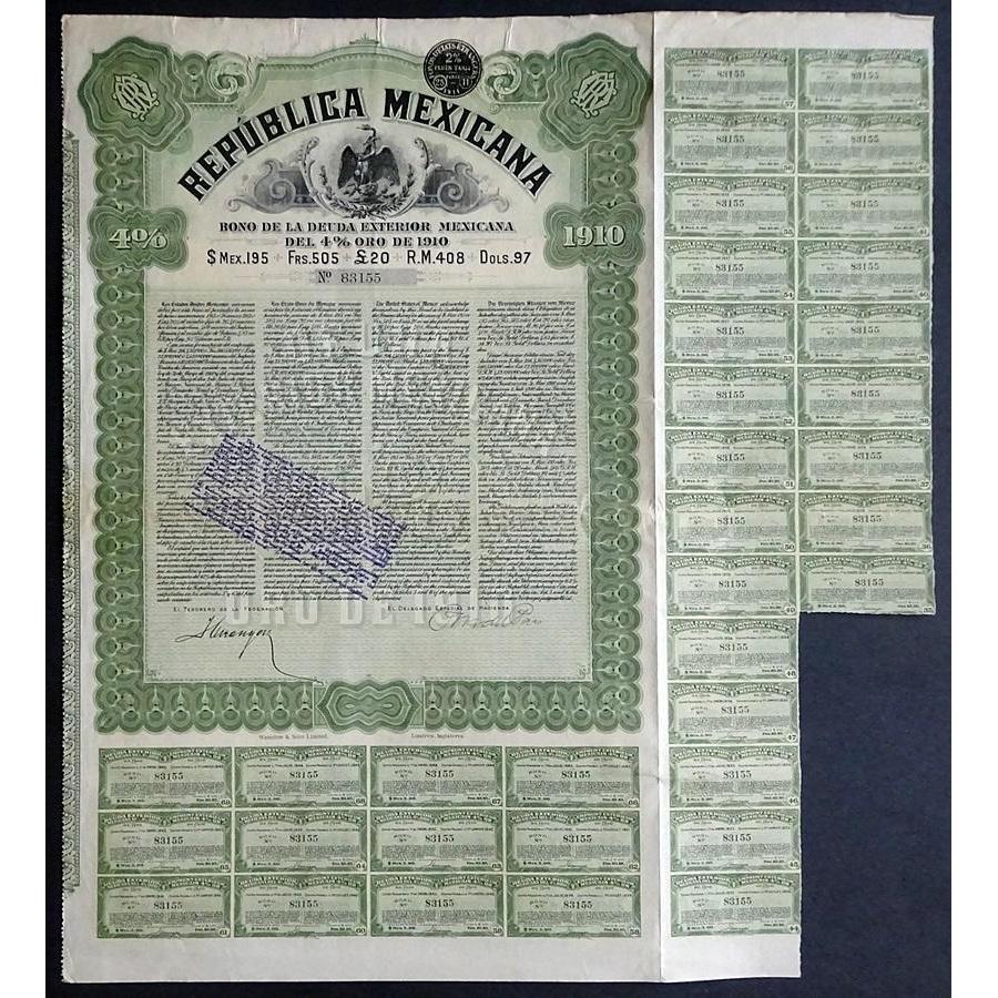 Republica Mexicana: Bono de la Deuda Exterior Mexicana Del 4% Oro de 1910 Stock Certificate