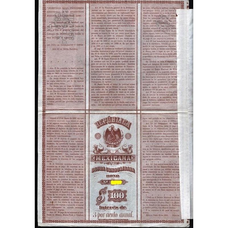 Republica Mexicana, Deuda Consolidada de Los Estados Unidos Mexicanos, Cien Pesos Fuertes Stock Certificate