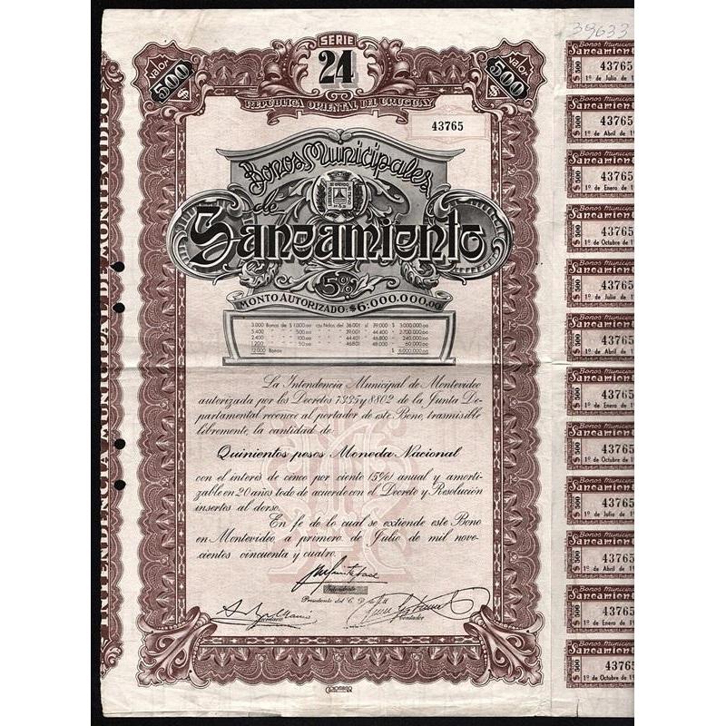 Republica Oriental del Uruguay: Bonos Municipales Saneamiento Stock Certificate