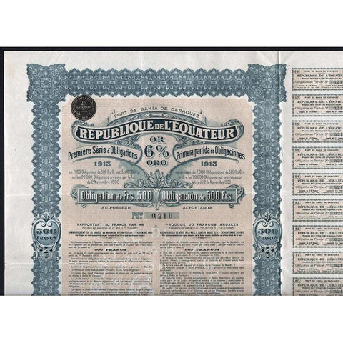 Republique de l'Ecuateur, Port de Bahia de Caraquez Stock Certificate