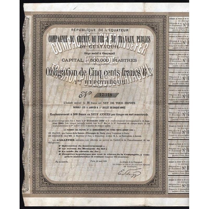 Republique de l'Equateur: Compagnie du Chemin de Fer & de Travaux Publics de Guayaquil Stock Certificate
