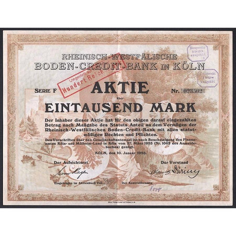 Rheinisch-Westfälische Boden-Credit-Bank in Köln Stock Certificate