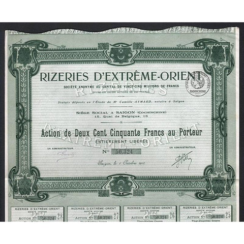 Rizeries D'Extreme-Orient Societe Anonyme Stock Certificate