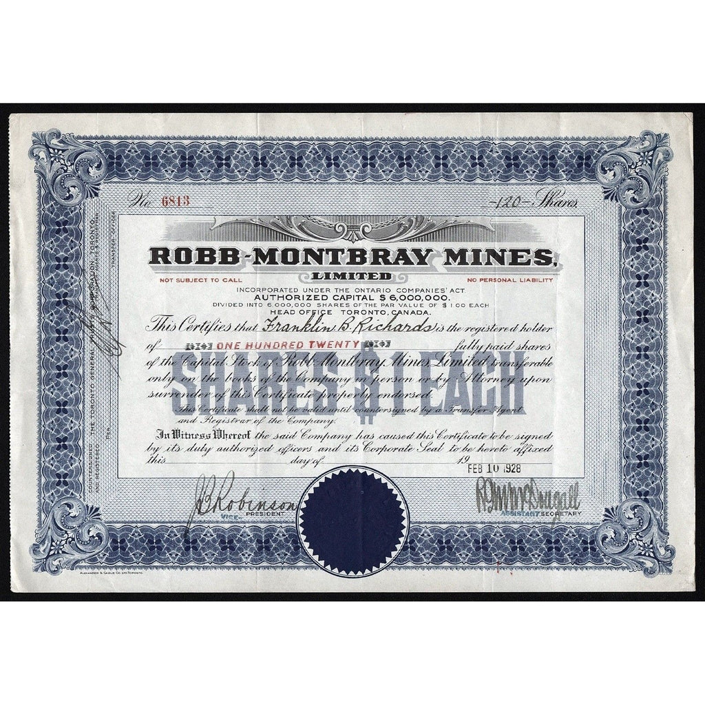 Robb-Montbray Mines, Limited Stock Certificate