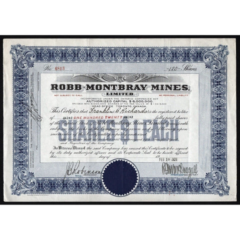 Robb-Montbray Mines, Limited Stock Certificate