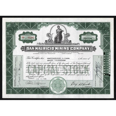 San Mauricio Mining Company Philippines Stock Certificate