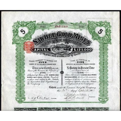 Sawhee Gold Mines (West Africa) Limited Stock Certificate
