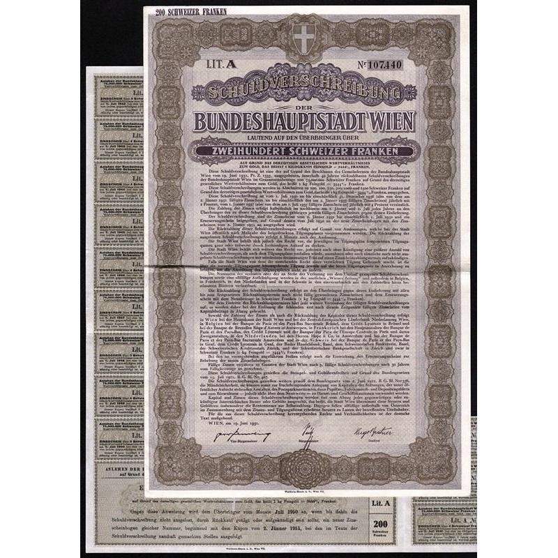 Schuldverschreibung der Bundeshauptstadt Wien Stock Certificate
