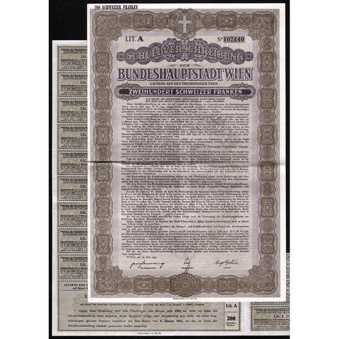Schuldverschreibung der Bundeshauptstadt Wien Stock Certificate