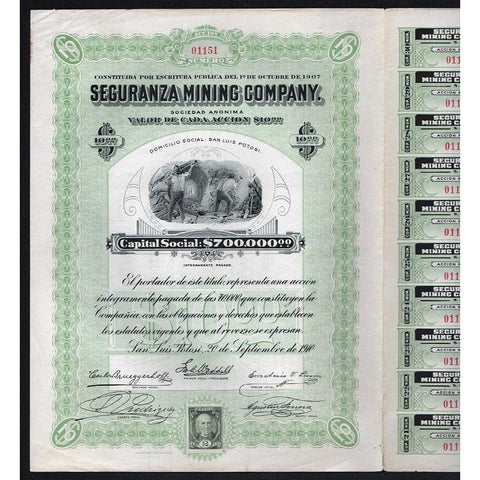 Seguranza Mining Company (San Luis Potosi) Stock Certificate