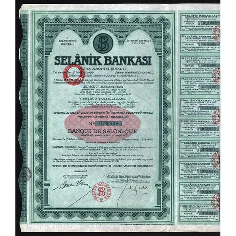 Selanik Bankasi Turk Anonim Sirketi (Banque de Salonique Societe Anonyme Turque) Stock Certificate