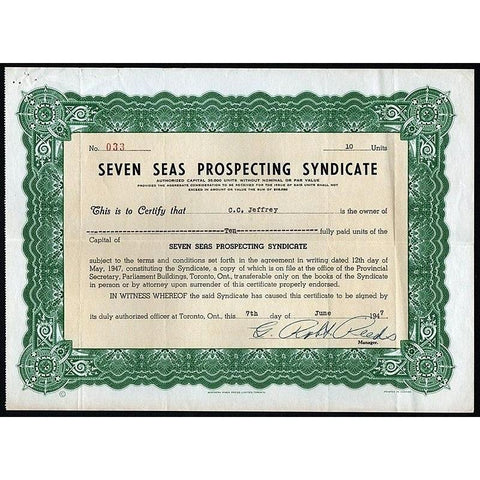 Seven Seas Prospecting Syndicate Stock Certificate