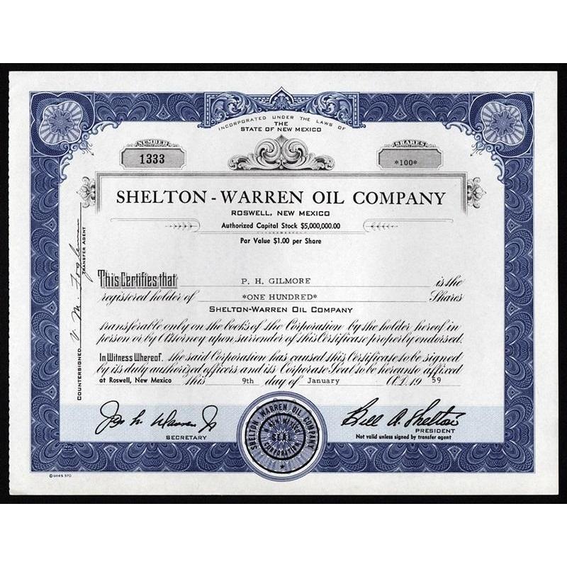 Shelton-Warren Oil Company New Mexico Stock Certificate